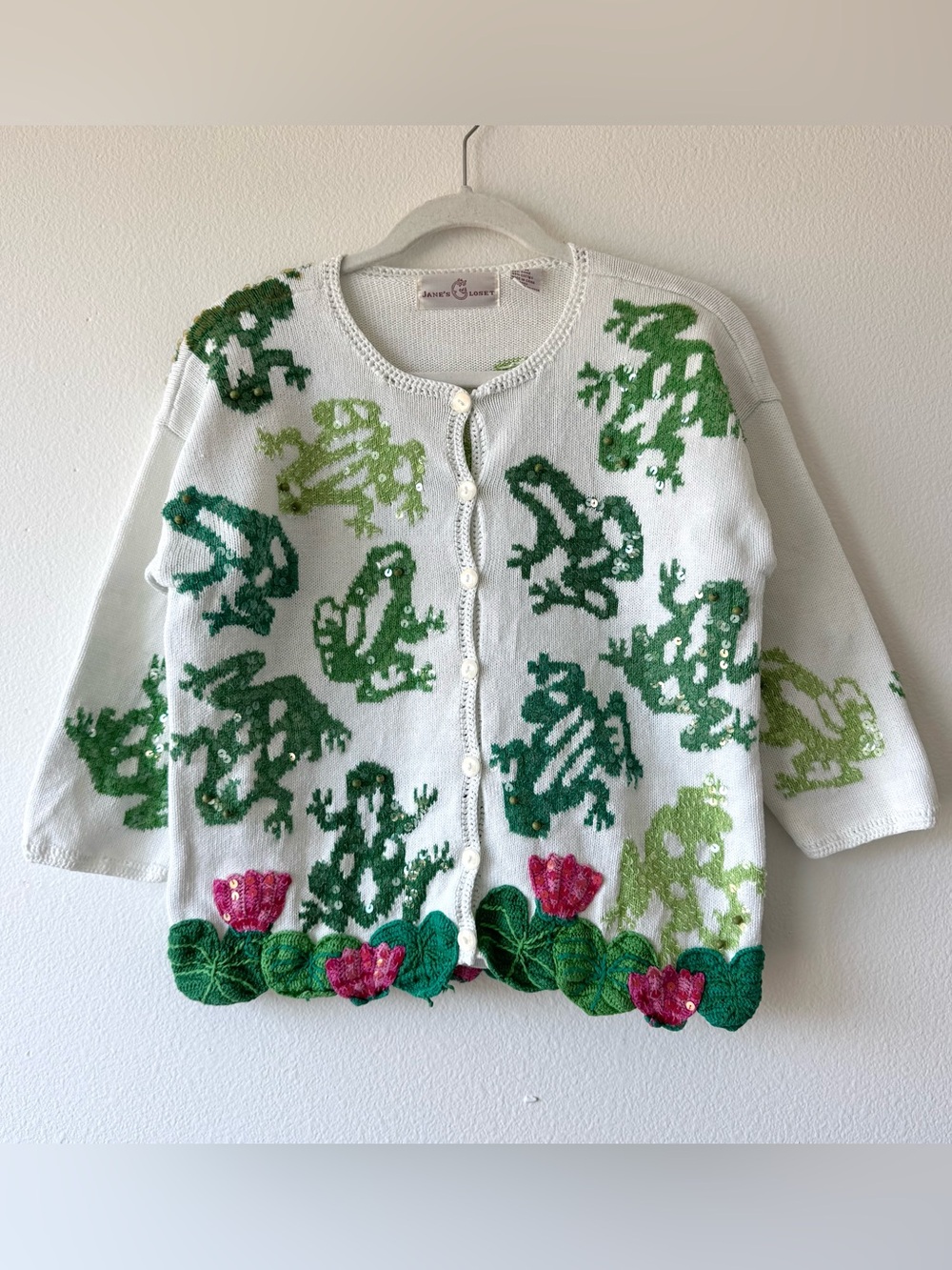 Vintage Janes Closet Frog Lily Pad Sequin Cardigan Sweater Art to Wear - Picture 1 of 12